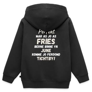 Frison né en juin. Texte d’anniversaire frison - Sweat Premium à capuche zippé enfant bio - noir - Dos - AI Model Kid Male (0cm)