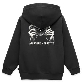 Photographe Photographie Photographes Ouverture Appétit - Sweat Premium à capuche zippé enfant bio - noir - Dos - AI Model Kid Male (0cm)