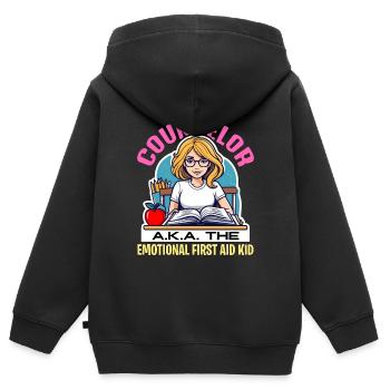 Conseiller scolaire Conseiller alias Le Thérapeute - Sweat Premium à capuche zippé enfant bio - noir - Dos - AI Model Kid Male (0cm)