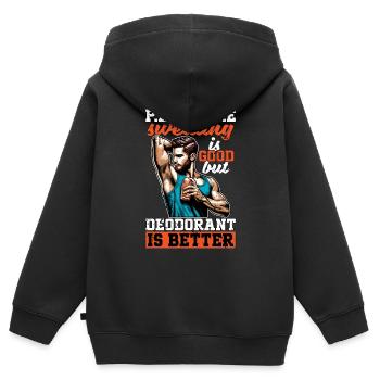 Instructeur de P.E où la transpiration est un entraîneur de gym - Sweat Premium à capuche zippé enfant bio - noir - Dos - AI Model Kid Male (0cm)