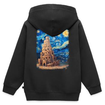 Turm von Babel Bibel Renaissance Sternennacht Gemä - Kinder Premium Organic Zip Hoodie - Schwarz - Hinten - AI Model Kid Male (0cm)
