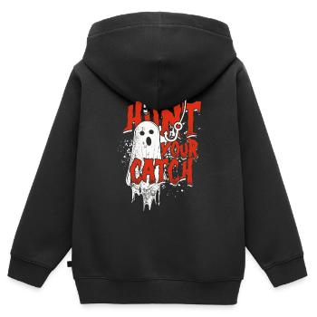 Appât fantôme Halloween Chassez votre prise - Sweat Premium à capuche zippé enfant bio - noir - Dos - AI Model Kid Male (0cm)