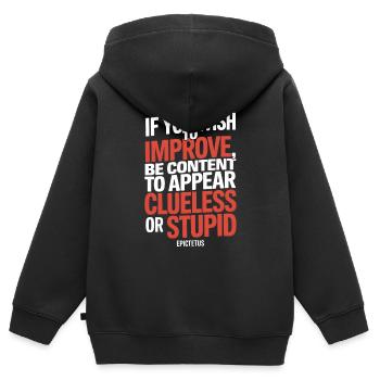 Zitat von Epiktet "Wenn du dich verbessern willst, sei ..." - Kinder Premium Organic Zip Hoodie - Schwarz - Hinten - AI Model Kid Male (0cm)