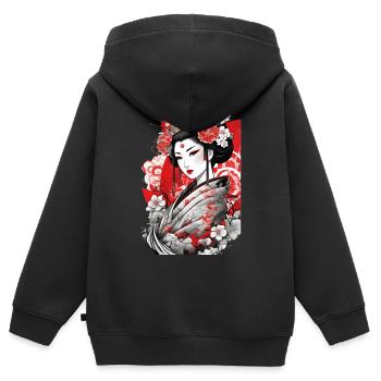 Geisha élégante avec art floral du kimono - Sweat Premium à capuche zippé enfant bio - noir - Dos - AI Model Kid Male (0cm)