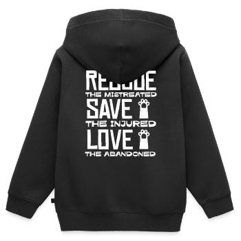 Sauver les maltraités, aider les blessés - Sweat Premium à capuche zippé enfant bio - noir - Dos - AI Model Kid Male (0cm)