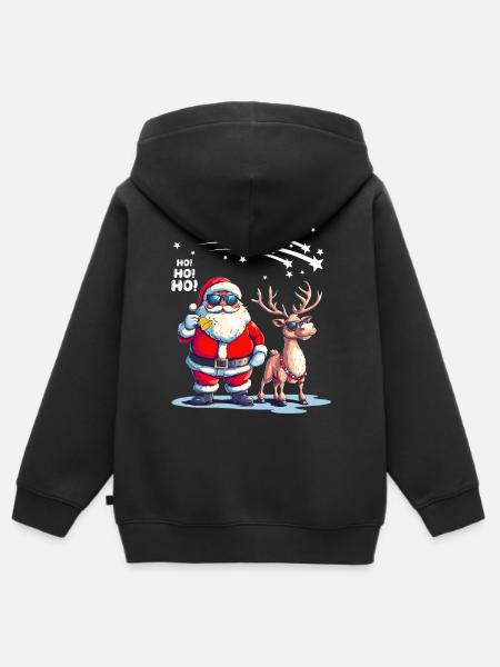 Cool Santa Claus with Reindeer Says Ho Ho Ho - Kids Premium Organic Zip-up Hoodie - black