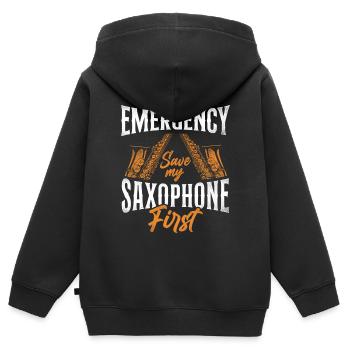 Saxophone en cas d’urgence - Sweat Premium à capuche zippé enfant bio - noir - Dos - AI Model Kid Male (0cm)