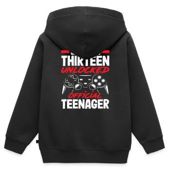 13. Geburtstag Level Dreizehn Freigeschaltet - Kinder Premium Organic Zip Hoodie - Schwarz - Hinten - AI Model Kid Male (0cm)