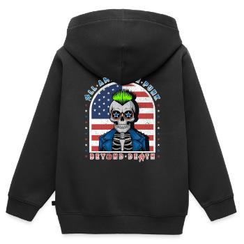Crâne Punk w Neon Mohawk et fond de drapeau des États-Unis - Sweat Premium à capuche zippé enfant bio - noir - Dos - AI Model Kid Male (0cm)