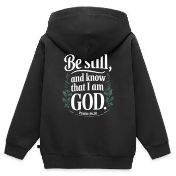 Sei still und wisse, dass ich Gott bin - Psalm 46:10 - Kinder Premium Organic Zip Hoodie - Schwarz - Hinten - AI Model Kid Male (0cm)