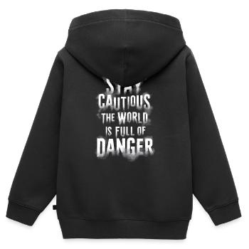 Restez prudents, le monde est plein de dangers - Sweat Premium à capuche zippé enfant bio - noir - Dos - AI Model Kid Male (0cm)