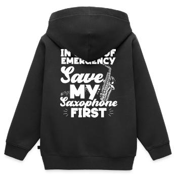 Saxophone en cas d’urgence - Sweat Premium à capuche zippé enfant bio - noir - Dos - AI Model Kid Male (0cm)