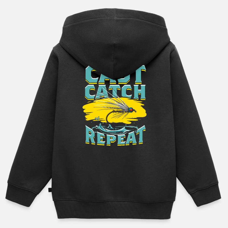 Pêche à la mouche Mouche Pêcheur Lancer Attraper Répéter - Sweat Premium à capuche zippé enfant bio - noir