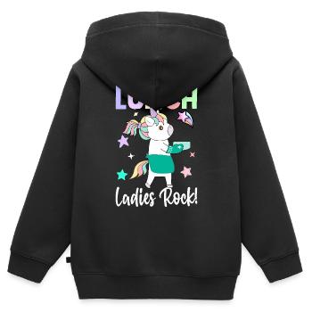Déjeuner mesdames rock ! Déjeuner Lady Cafeteria Crew - Sweat Premium à capuche zippé enfant bio - noir - Dos - AI Model Kid Male (0cm)