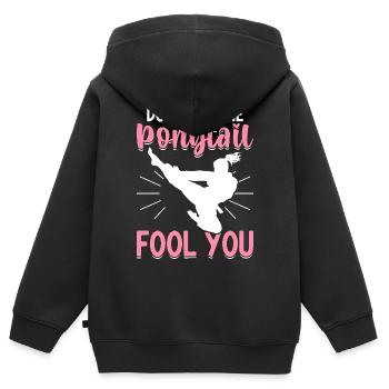 Funny Taekwondo Girl Karate Don't Let Ponytail - Kinder Premium Organic Zip Hoodie - Schwarz - Hinten - AI Model Kid Male (0cm)