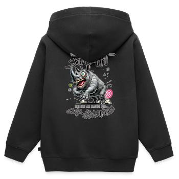 Rhinocéros fou au bord de la folie style bande dessinée - Sweat Premium à capuche zippé enfant bio - noir - Dos - AI Model Kid Male (0cm)