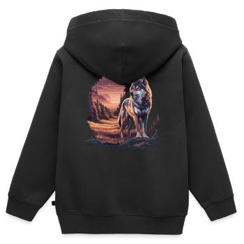 Einsamer Wolf im Sonnenuntergang – Wilde Natur - Kinder Premium Organic Zip Hoodie - Schwarz - Hinten - AI Model Kid Male (0cm)