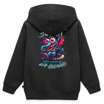 Wenn ihr mich sucht, ich bin am Rande des Wahnsinn - Kinder Premium Organic Zip Hoodie - Schwarz - Hinten - AI Model Kid Male (0cm)