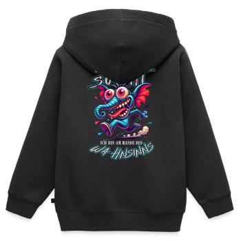 Wenn ihr mich sucht, ich bin am Rande des Wahnsinn - Kinder Premium Organic Zip Hoodie - Schwarz - Hinten - AI Model Kid Male (0cm)