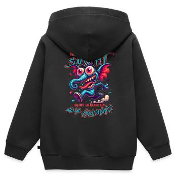Wenn ihr mich sucht, ich bin am Rande des Wahnsinn - Kinder Premium Organic Zip Hoodie - Schwarz - Hinten - AI Model Kid Male (0cm)