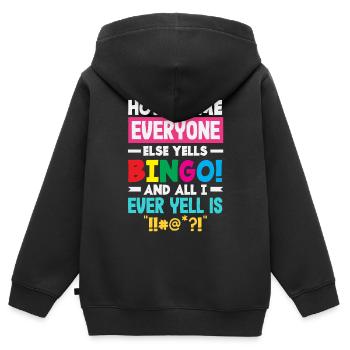 Pourquoi tout le monde crie bingo et je gronde - Sweat Premium à capuche zippé enfant bio - noir - Dos - AI Model Kid Male (0cm)