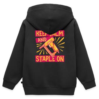 Polsterer Polsterin Keep Calm And Staple On - Kinder Premium Organic Zip Hoodie - Schwarz - Hinten - AI Model Kid Male (0cm)