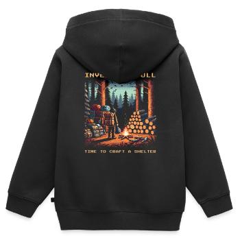 Inventaire plein - Fabrication d’abris - Dicton Bushcraft - Sweat Premium à capuche zippé enfant bio - noir - Dos - AI Model Kid Male (0cm)