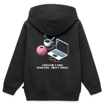 Stealth-Häkeln im Meeting | Garn Handarbeit - Kinder Premium Organic Zip Hoodie - Schwarz - Hinten - AI Model Kid Male (0cm)