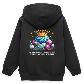 XP erhalten: Wollknäuel besiegt | Häkeln Garn - Kinder Premium Organic Zip Hoodie - Schwarz - Hinten - AI Model Kid Male (0cm)