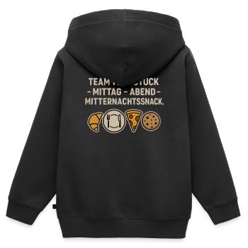Équipe Petit-déjeuner Déjeuner Dîner Minuit Collation - Sweat Premium à capuche zippé enfant bio - noir - Dos - AI Model Kid Male (0cm)