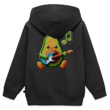 GESCHMACK UND MUSIK, AVOCADO SPIELT E-GITARRE - Kinder Premium Organic Zip Hoodie - Schwarz - Hinten - AI Model Kid Male (0cm)