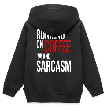 "Running on Coffee and Sarcasm" Modern und mutig - Kinder Premium Organic Zip Hoodie - Schwarz - Hinten - AI Model Kid Male (0cm)