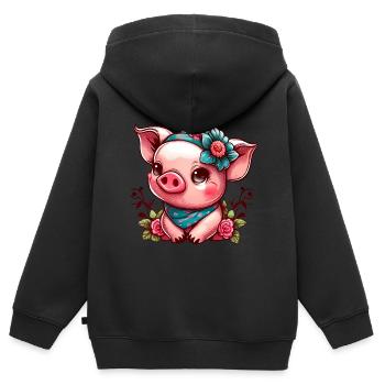 Schweinchen mit Kopftuch - Kinder Premium Organic Zip Hoodie - Schwarz - Hinten - AI Model Kid Male (0cm)