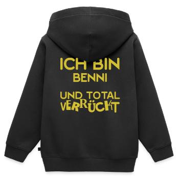 Verrückt Benni - Kinder Premium Organic Zip Hoodie - Schwarz - Hinten - AI Model Kid Male (0cm)