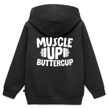 Muscle Up Buttercup 2 - Kinder Premium Organic Zip Hoodie - Schwarz - Hinten - AI Model Kid Male (0cm)