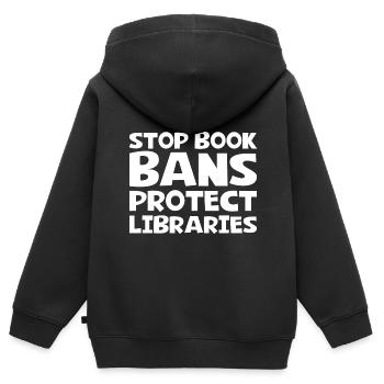 Stop aux interdictions de livres protège les bibliothèques - Sweat Premium à capuche zippé enfant bio - noir - Dos - AI Model Kid Male (0cm)
