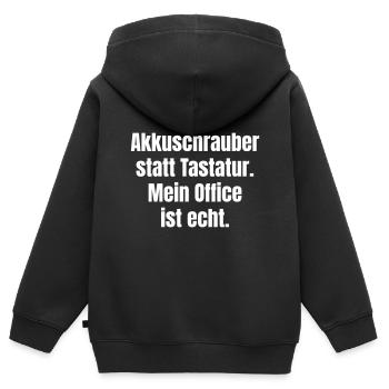 Akkuschrauber statt Tastatur. Mein Office ist echt - Kinder Premium Organic Zip Hoodie - Schwarz - Hinten - AI Model Kid Male (0cm)