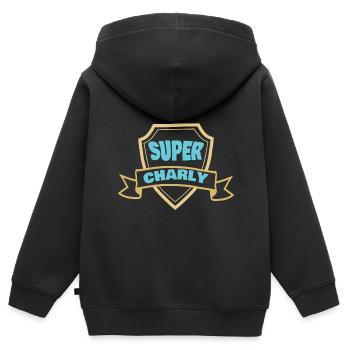 Insigne pour Charly Prénom Armoiries - Sweat Premium à capuche zippé enfant bio - noir - Dos - AI Model Kid Male (0cm)