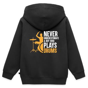 Unterschätze niemals einen Jungen, der Schlagzeug spielt Schlagzeug - Kinder Premium Organic Zip Hoodie - Schwarz - Hinten - AI Model Kid Male (0cm)