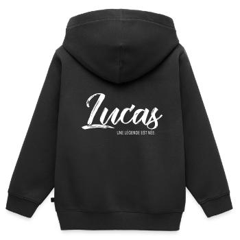 Lucas une légende Cadeau T shirt lucas - Sweat Premium à capuche zippé enfant bio - noir - Dos - AI Model Kid Male (0cm)