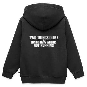 Two Things I Like, Lifting Heavy, Not Running 8 - Kinder Premium Organic Zip Hoodie - Schwarz - Hinten - AI Model Kid Male (0cm)