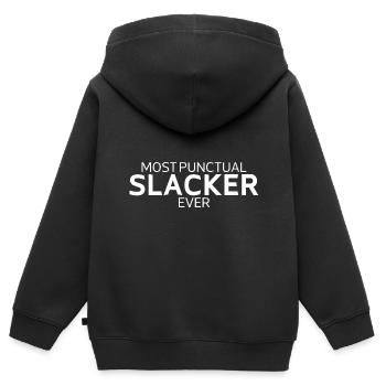 Most Punctual Slacker Ever - Kinder Premium Organic Zip Hoodie - Schwarz - Hinten - AI Model Kid Male (0cm)