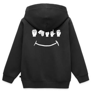 Gebärdensprache Lächeln Spruch - Kinder Premium Organic Zip Hoodie - Schwarz - Hinten - AI Model Kid Male (0cm)