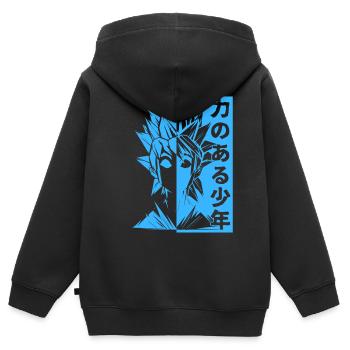 Garçon puissant Kawaii Otaku Japon Manga Kanji Comic - Sweat Premium à capuche zippé enfant bio - noir - Dos - AI Model Kid Male (0cm)
