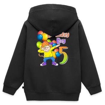 Anniversaire Garçon 5 ans 5ème anniversaire garçon - Sweat Premium à capuche zippé enfant bio - noir - Dos - AI Model Kid Male (0cm)