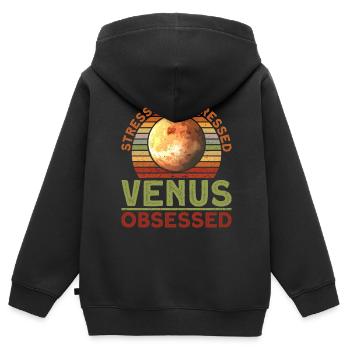 Stressé. Déprimé. Vénus. Obsédé. - Vénus - Sweat Premium à capuche zippé enfant bio - noir - Dos - AI Model Kid Male (0cm)