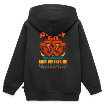 Armdrücken - Kinder Premium Organic Zip Hoodie - Schwarz - Hinten - AI Model Kid Male (0cm)