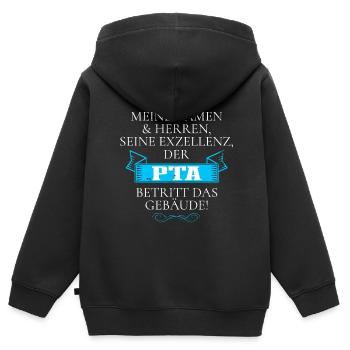 Seine Exzellenz Der PTA Betritt Das Gebäude - Kinder Premium Organic Zip Hoodie - Schwarz - Hinten - AI Model Kid Male (0cm)