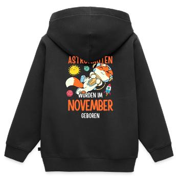 Im November geboren - Fuchs Astronaut im Weltall - Kinder Premium Organic Zip Hoodie - Schwarz - Hinten - AI Model Kid Male (0cm)