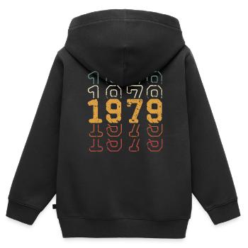 1979 - Kinder Premium Organic Zip Hoodie - Schwarz - Hinten - AI Model Kid Male (0cm)